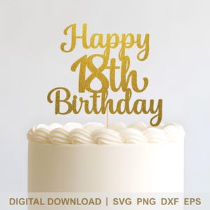 Gelukkige 18e verjaardag SVG-taarttopper - elegant modern schriftontwerp - Cricut en silhouetgesneden bestand - mijlpaal feestdecor digitale download