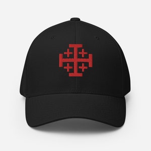 Jerusalem Cross Flexfit Hat, Red Jerusalem Cross, Christian, Catholic, Crusader Cross, Bible, Gift, Religious Hat