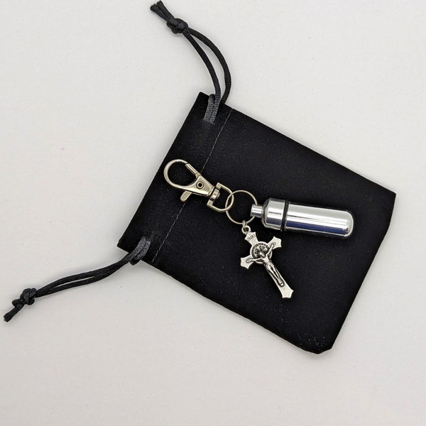 Holy Water Vial and St. Benedict Crucifix Keychain, Key Ring, Catholic
