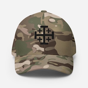 May include: A camouflage baseball cap with a black embroidered Jerusalem Cross.