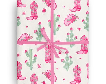 Pink Cowgirl Wrapping Paper, Western Birthday Gift Wrap