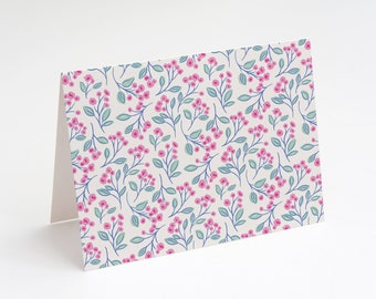 Stationery Folded Notecard: Blue and Pink Floral Notecard, Custom, artistic floral, girly notecard, botanical stationery