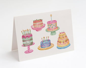 Stationery Folded Notecard: Watercolor Cakes Notecard, Custom, birthday cake, celebration notecard