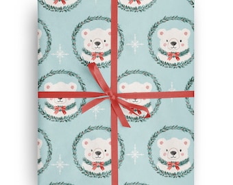 Blue Christmas Polar Bear Wreath Wrapping Paper