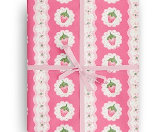 Pink Strawberry Stripe Floral Wrapping Paper for special occasions like Birthday, Holiday, Mother's Day, Baby Shower Gift Wrapping