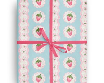 Blue and Pink Strawberry Stripe Floral Wrapping Paper for special occasions like Birthday, Holiday, Mother's Day, Baby Shower Gift Wrapping