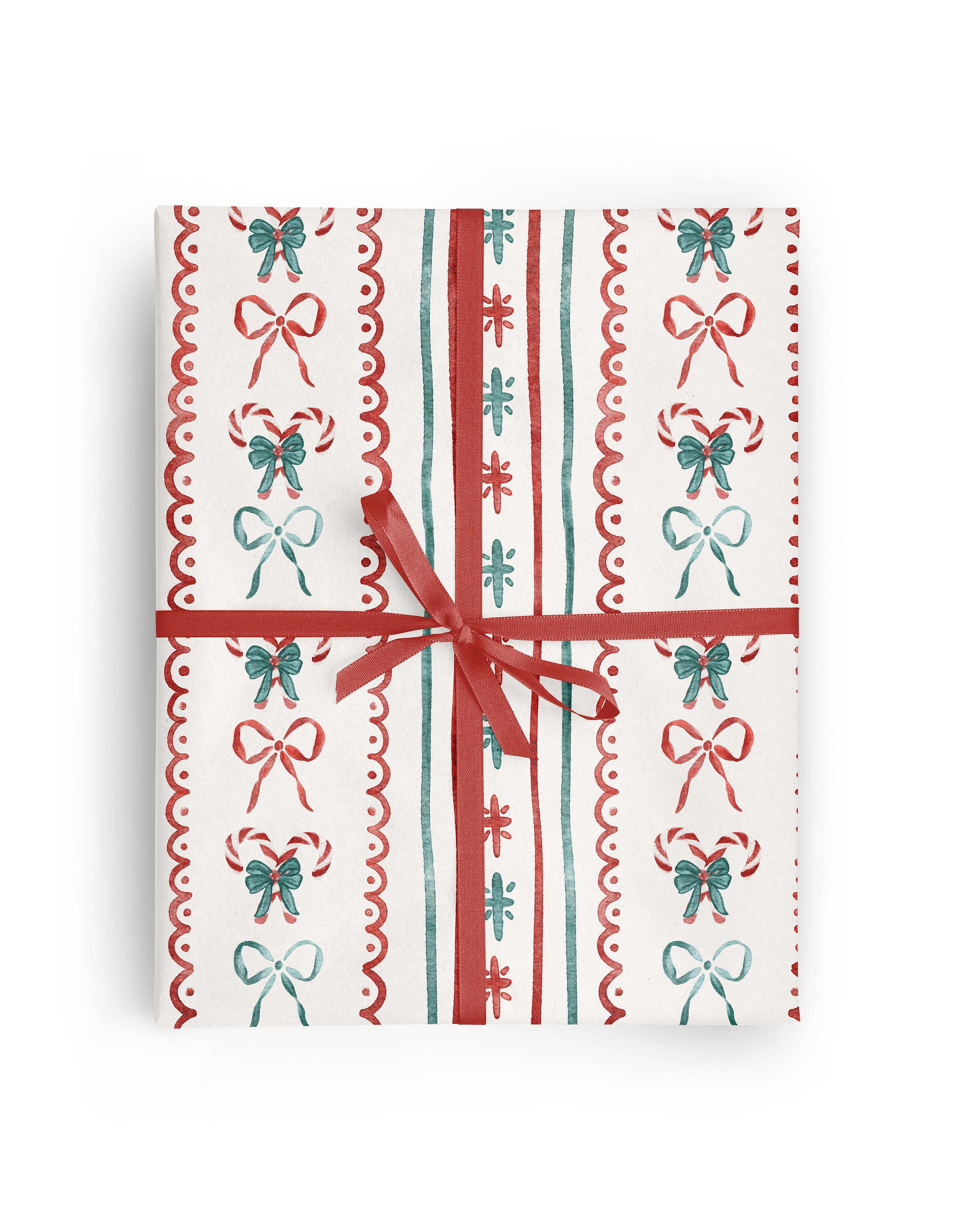 Red and Green Christmas Candy Cane Stripe Wrapping Paper, Christmas Bows Gift Wrap for special occasions