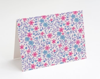 Stationery Folded Notecard: Pink and Blue Floral Notecard, Custom, botanical notecard, floral stationery, thank you notecard