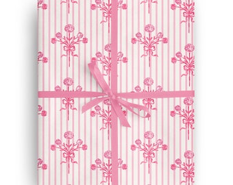 Pink Bow Bouquet Stripe Floral Wrapping Paper for special occasions like Birthday, Holiday, Mother's Day, Baby Shower Gift Wrapping