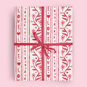 Wrapping Paper: Pink and Red Valentine Love Text Floral Stripe Paper for special occasions like Birthday, Holiday, Valentines Day, Gift Wrap