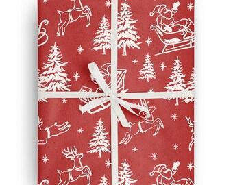 May include: Red wrapping paper with a white pattern of Christmas trees, reindeer, and Santa Claus in a sleigh. The paper is tied with a white ribbon.
