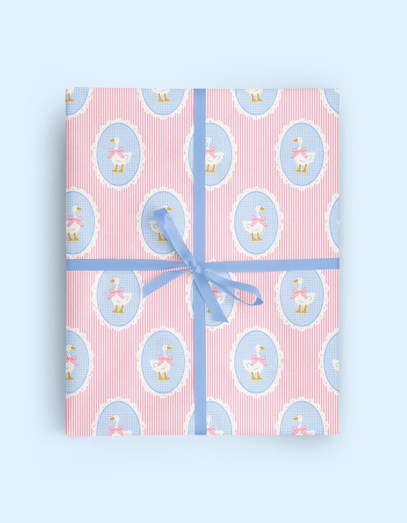 Blue & Pink Goose Wrapping Paper: Coquette Bow Gift Wrap