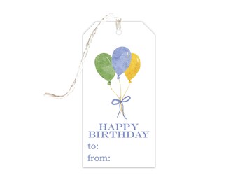 Puede incluir: Una etiqueta de regalo blanca con una ilustración de acuarela de globos azules, verdes y amarillos. La etiqueta dice "Feliz cumpleaños" con líneas en blanco para "a:" y "de:"
