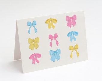 Stationery Folded Notecard: Pastel Bows Notecard, Custom, artistic, girly notecard, coquette