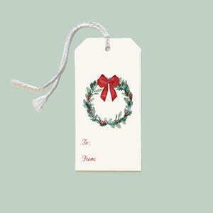 Gift Tag: Christmas Wreath with Red Bow Gift Tag, goodie bag tags, holiday present tags, special occasions, Gift Wrapping