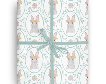 Blue Easter Bunny Floral Wrapping Paper for special occasions like Birthday, Holiday, Mother's Day, Baby Shower, Wedding Gift Wrapping