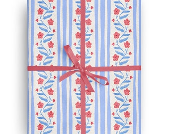 Floral Gift Wrapping Paper: Blue Stripes, Red Flowers