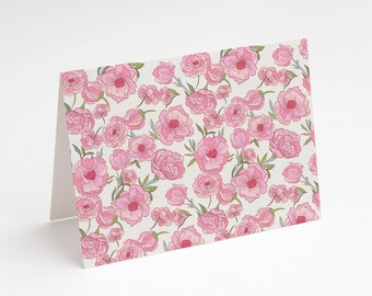 Stationery Folded Notecard: Pink and White Floral Notecard, Custom, artistic floral, girly notecard, botanical stationery