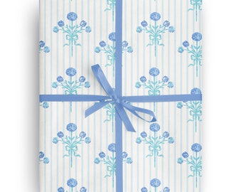 Blue Bow Bouquet Stripe Floral Wrapping Paper for special occasions like Birthday, Holiday, Mother's Day, Baby Shower Gift Wrapping