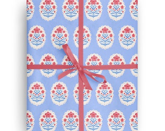 Blue and Red Floral Wrapping Paper for special occasions like Birthday, Holiday, Mother's Day, Baby Shower, Wedding Gift Wrapping