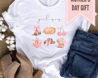 Coquette Watercolor Design Girl Mom T-Shirt – Cute Mother’s Day Gift, Trendy Graphic Tee for Moms, Pink Design.