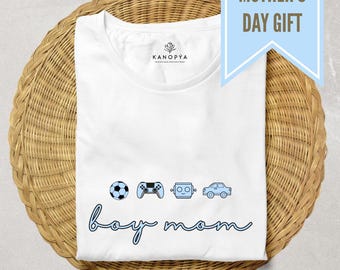 Boy Mom T-Shirt, Cute Mother's Day Gift, Casual Graphic Tee for Moms. Blue Design