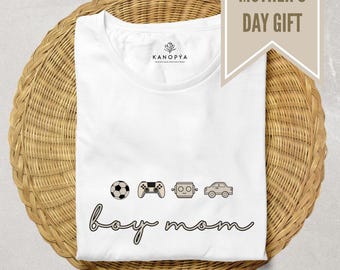 Boy Mom T-Shirt, Cute Mother's Day Gift, Casual Graphic Tee for Moms. Beige Design.