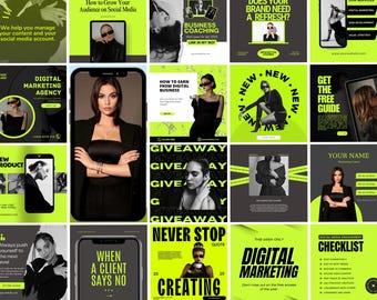 Neon Green Instagram Templates, Social Media Marketing Canva Posts, Neon template, Social Media Manager Templates, Instagram template, Mrr