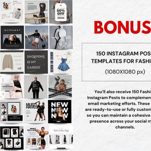 以下が含まれることがあります： ファッション用の150個のInstagram投稿テンプレートを宣伝する画像、1080x1080ピクセル。 「Black Friday Sale」や「Shopping is my Cardio」など、ファッション関連のグラフィックとテキストが含まれています。