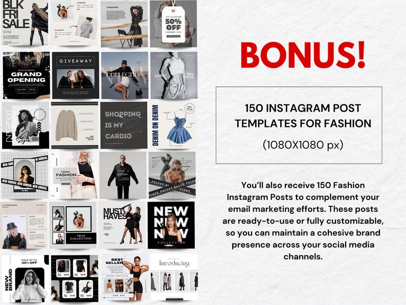 以下が含まれることがあります： ファッション用の150個のInstagram投稿テンプレートを宣伝する画像、1080x1080ピクセル。 「Black Friday Sale」や「Shopping is my Cardio」など、ファッション関連のグラフィックとテキストが含まれています。