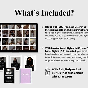 May include: Digital marketing product bundle. Includes a tablet displaying Instagram post templates, plus several book covers with titles like "Social Media Blueprint" and "100 Days of Social Media Content". Text reads "What's Included?" and details about the product.