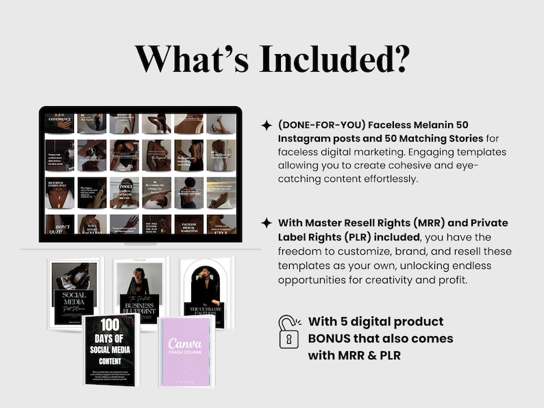 May include: Digital marketing product bundle. Includes a tablet displaying Instagram post templates, plus several book covers with titles like "Social Media Blueprint" and "100 Days of Social Media Content". Text reads "What's Included?" and details about the product.