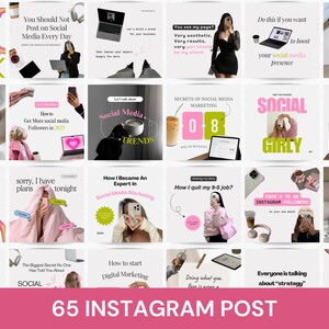 May include: A collage of 16 Instagram post templates with pink and green accents. The templates feature text such as "Social Media Trends", "How I Became An Expert in Social Media Marketing", "Secrets of Social Media Marketing", and "30 Days of Content Done For You".