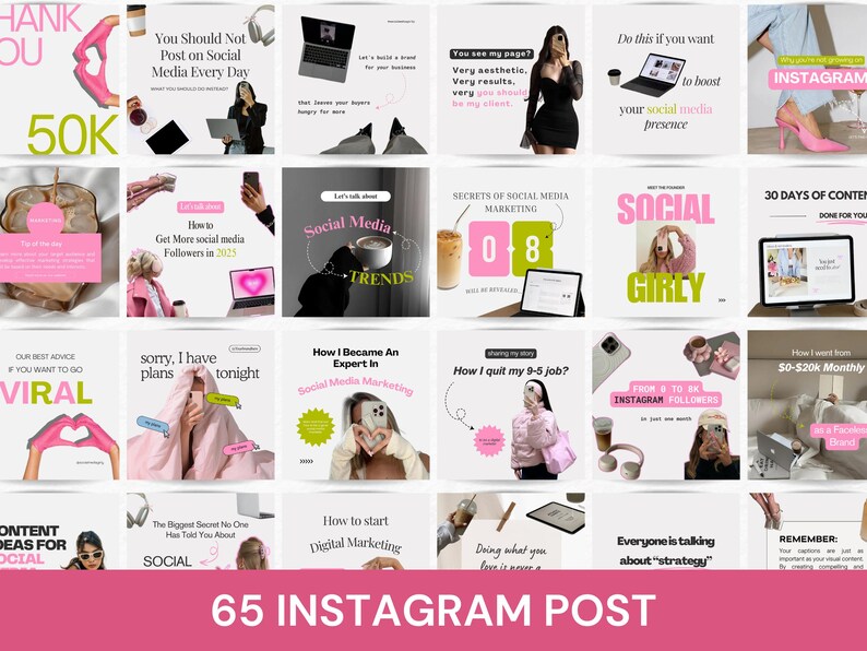 May include: A collage of 16 Instagram post templates with pink and green accents. The templates feature text such as "Social Media Trends", "How I Became An Expert in Social Media Marketing", "Secrets of Social Media Marketing", and "30 Days of Content Done For You".