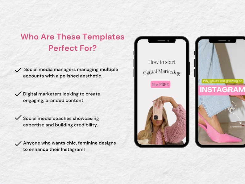 May include: Two phone screen mockups with pink and white designs. The left mockup shows a pink and white graphic with the text "How to start Digital Marketing For FREE". The right mockup shows a pink and white graphic with the text "Why you're not growing on INSTAGRAM".