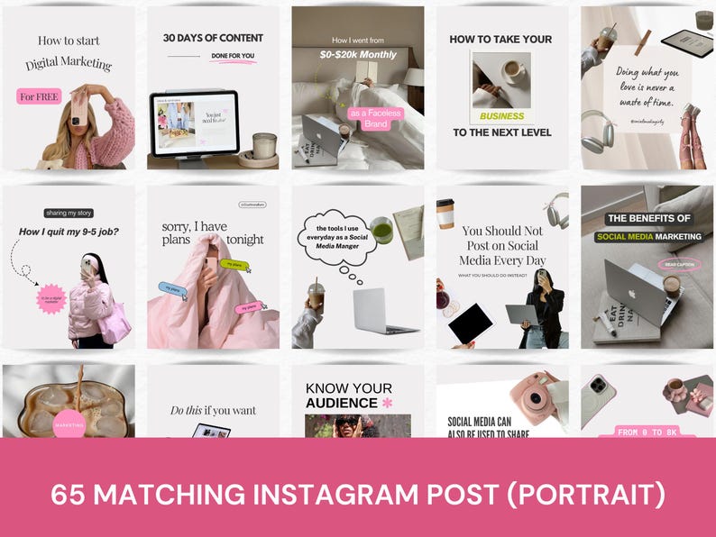 May include: A collage of 9 Instagram posts with tips for digital marketing, social media, and business. The posts feature images of laptops, coffee cups, and people working on their phones. The text on the posts includes phrases like "How to start digital marketing", "30 days of content", "How I went from $0-$20k monthly", "How to take your business to the next level", "You should not post on social media every day", "The benefits of social media marketing", "Know your audience", "Social media can also be used to share", and "From 8 to 8k".