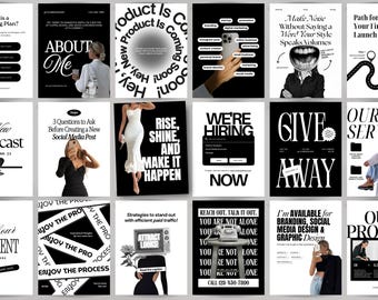 Black & White Instagram Templates: Modern Social Media Posts (Canva Editable, Digital Download)