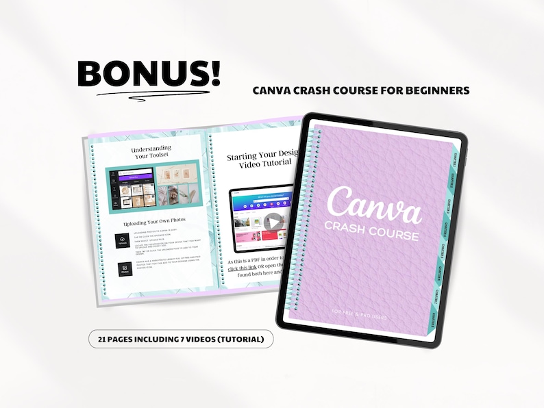 May include: A digital Canva Crash Course for Beginners is displayed, with the title on a tablet and a printed guide open. The guide includes the text "Understanding Your Toolset" and "Starting Your Design Video Tutorial". The cover of the tablet is light purple with the word "Canva".