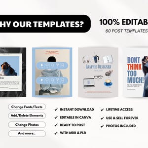 May include: A promotional image showcasing social media post templates. The image features four example templates with text and graphics, including the phrases "WHY OUR TEMPLATES?" and "100% EDITABLE". Additional text highlights features like instant download and lifetime access.