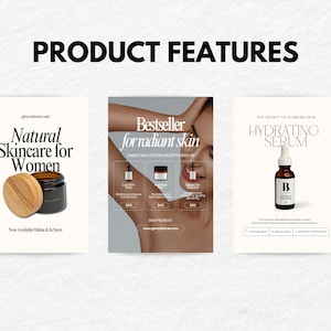 May include: Three product advertisements for skincare products. The first ad features a brown jar with a wooden lid and the text "Natural Skincare for Women". The second ad features a woman's arm and the text "Bestseller for radiant skin". The third ad features a brown glass bottle with a dropper and the text "The Secret to Glowing Skin Hydrating Serum".