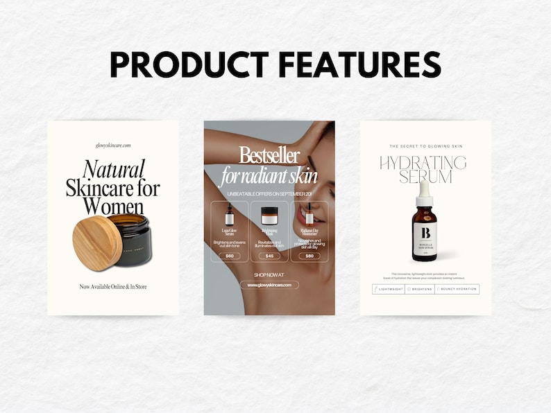 May include: Three product advertisements for skincare products. The first ad features a brown jar with a wooden lid and the text "Natural Skincare for Women". The second ad features a woman's arm and the text "Bestseller for radiant skin". The third ad features a brown glass bottle with a dropper and the text "The Secret to Glowing Skin Hydrating Serum".