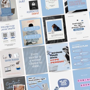 May include: A collection of social media graphics in shades of blue and white. The designs include text such as "Follow us on social media", "Graphic Designer", and "Become your own hype person". The overall theme is business and marketing.