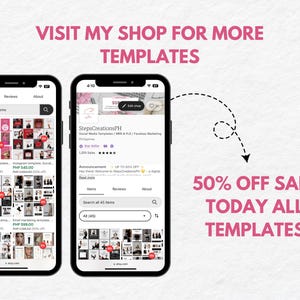 May include: Screenshot of a mobile phone displaying an Etsy shop called StepsCreationsPH. The shop sells social media templates, with a variety of designs and colors. The text "50% OFF SALE TODAY ALL TEMPLATES" is displayed on the screen.