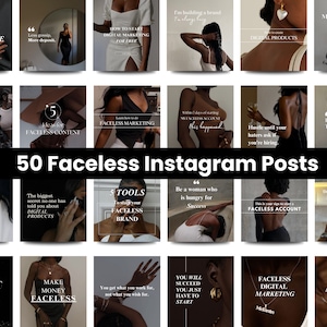 May include: A collection of 50 Instagram posts with motivational quotes and business tips. The posts feature images of women with text overlays, including phrases like "CEO Confidence" and "Faceless Digital Marketing."