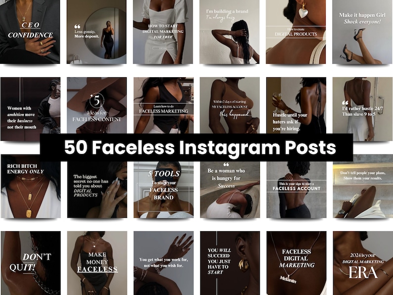 May include: A collection of 50 Instagram posts with motivational quotes and business tips. The posts feature images of women with text overlays, including phrases like "CEO Confidence" and "Faceless Digital Marketing."