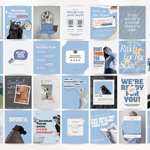 May include: A collection of light blue social media templates with various designs. Some templates feature text like "Marketing Become Easy," "Business Plan," and "New Collection." Other templates include images of a cat, a person, and a hand holding a pen.