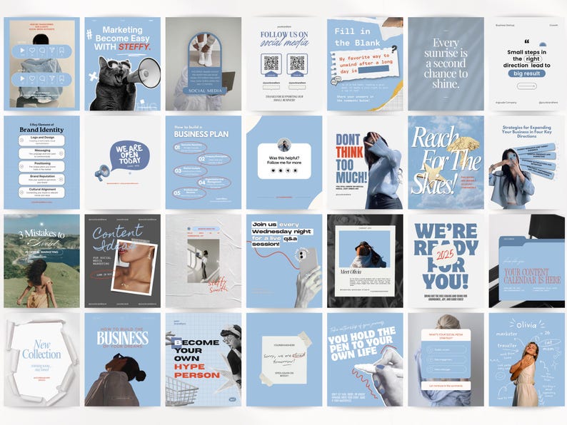 May include: A collection of light blue social media templates with various designs. Some templates feature text like "Marketing Become Easy," "Business Plan," and "New Collection." Other templates include images of a cat, a person, and a hand holding a pen.