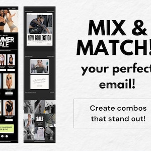 以下が含まれることがあります： 「MIX & MATCH!」と「your perfect email!」のテキストが入った白黒のプロモーション用グラフィック。水着や衣料品を扱うウェブサイトのスクリーンショットが含まれています。「SUMMER SALE」の文字も表示されています。