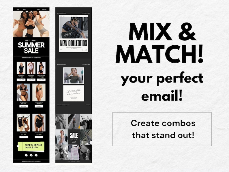 以下が含まれることがあります： 「MIX & MATCH!」と「your perfect email!」のテキストが入った白黒のプロモーション用グラフィック。水着や衣料品を扱うウェブサイトのスクリーンショットが含まれています。「SUMMER SALE」の文字も表示されています。