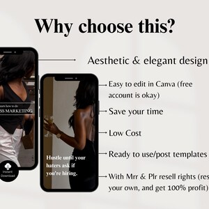 May include: Image promoting faceless marketing, featuring two smartphones displaying aesthetic designs. Text includes "Why choose this?" and benefits like easy editing in Canva, time-saving, and low cost. The image also mentions resell rights.